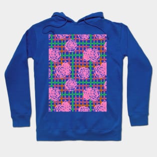 Roses on Plaid Pattern - Blue Hoodie